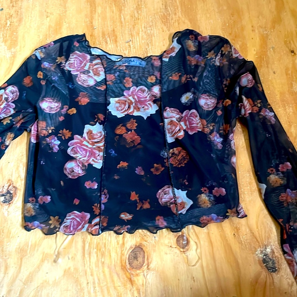 Flower Print, See Through Long Sleeve, With Black Tank Attached Underneath